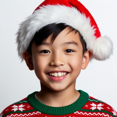 Asian boy smiling in Santa hat