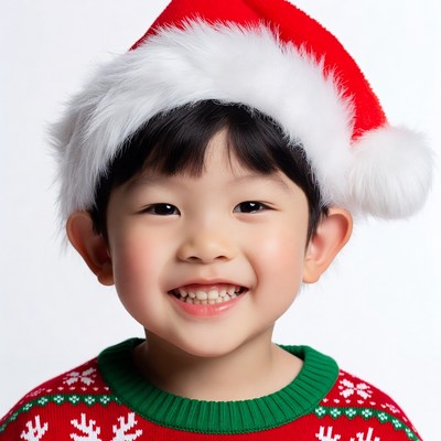 Asian boy smiling in Santa hat