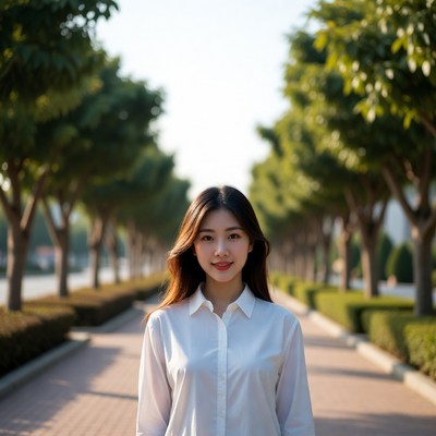 Asian woman walking tree-lined path