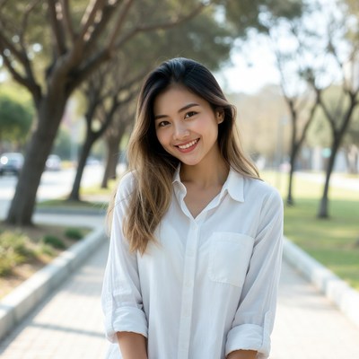 Asian woman smiling on tree-lined path