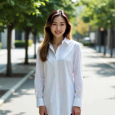 Asian woman in white shirt by trees