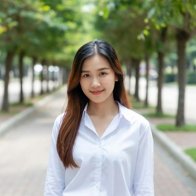 Asian woman smiling in tree-lined path