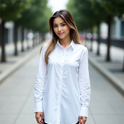 Asian woman in white shirt tree-lined street