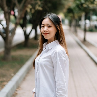 Asian woman in white shirt on tree-lined sidewalk