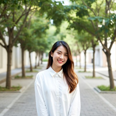 Asian woman smiling in tree-lined walkway