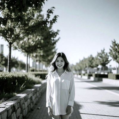 Asian woman smiling on tree-lined path
