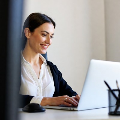 Woman working on laptop at desk