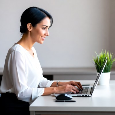 Asian woman typing on laptop