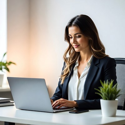 Woman working on laptop at office desk