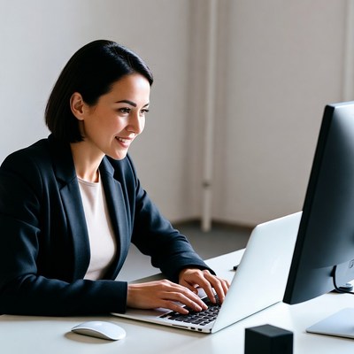 Asian woman typing on laptop