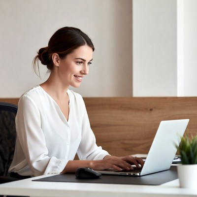 Woman working on laptop at desk