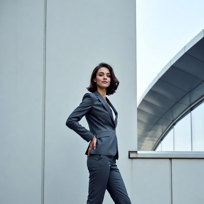 Woman in gray suit posing outdoors