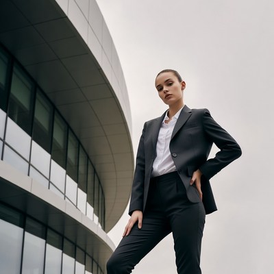 Woman in black suit outside modern building