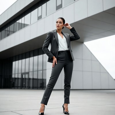 Woman in gray suit outside modern building