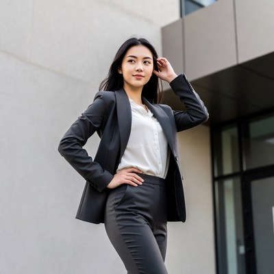 Asian woman in black business suit