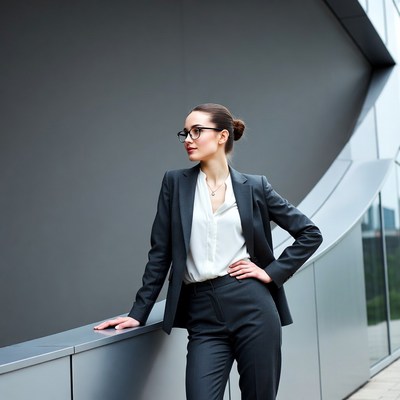 Business woman leaning on railing