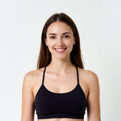 Smiling woman in black sports bra