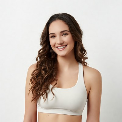 Smiling woman in white sports bra