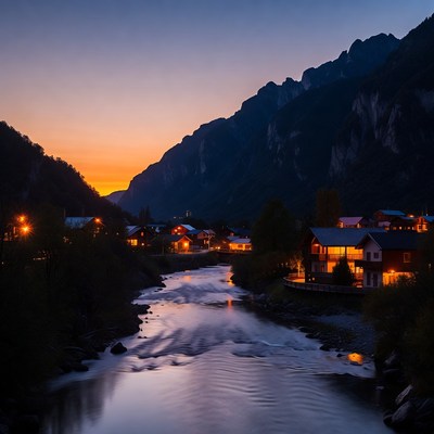 Mountain village at sunset by river