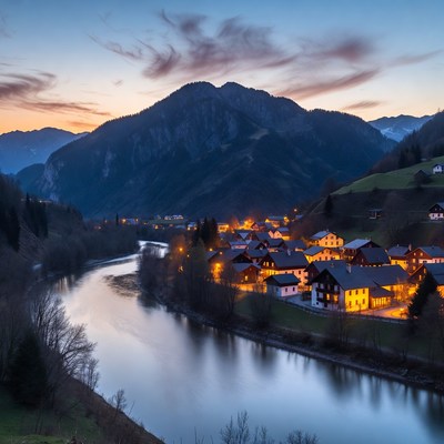 Mountain Village at Twilight by River