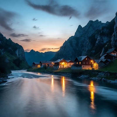 Swiss Chalets by River at Twilight