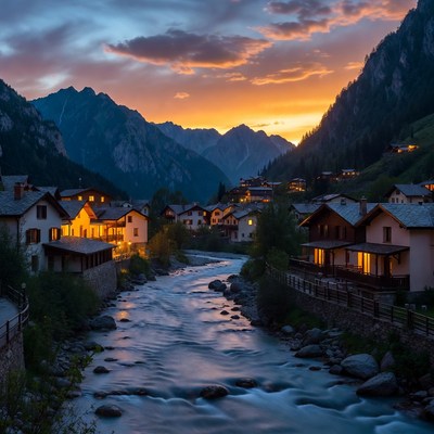 Mountain Village at Sunset by River