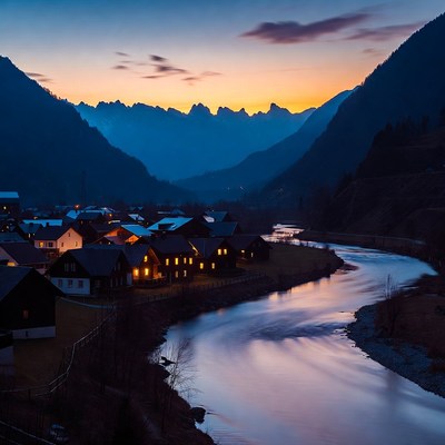 Mountain Village at Twilight by River