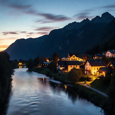 Mountain village by river at dusk