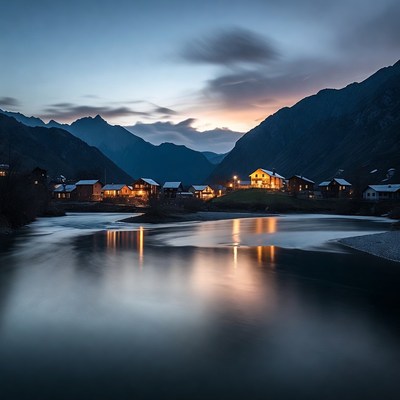 Mountain Village at Twilight by River