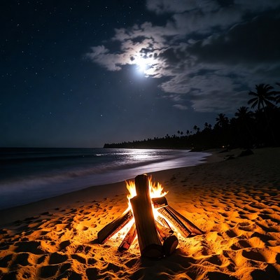 Bonfire on Tropical Beach at Night