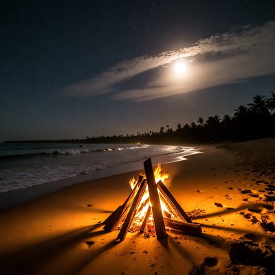 Bonfire on Tropical Beach at Night