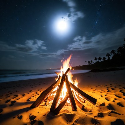 Bonfire on Beach Under Full Moon