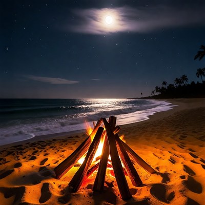 Beach Bonfire Under Full Moon