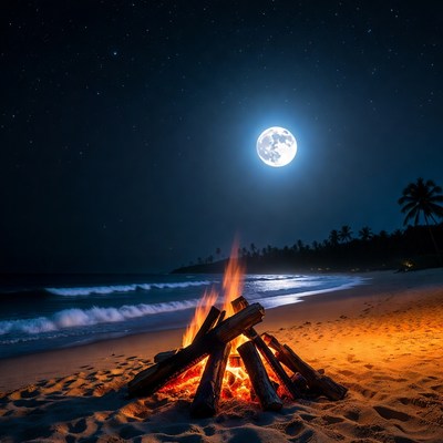 Beach Bonfire Under Full Moon
