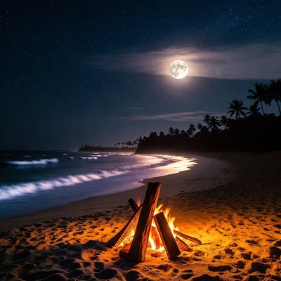 Bonfire on Tropical Beach Under Full Moon