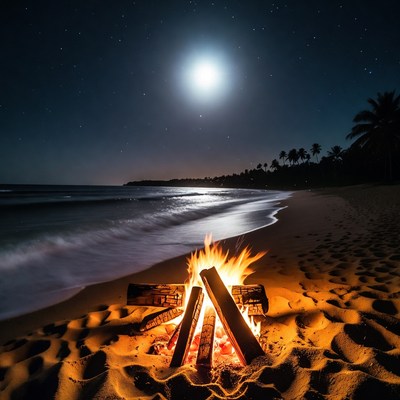 Beach Bonfire Under Full Moon