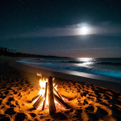 Bonfire on Tropical Beach at Night