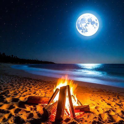 Beach Bonfire Under Full Moon