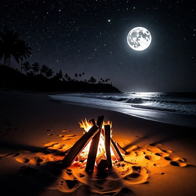 Beach Bonfire Under Full Moon