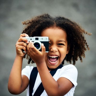 Happy African-American girl holding camera