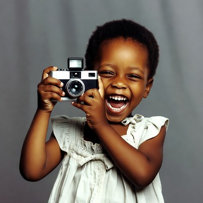 African-American girl holding vintage camera