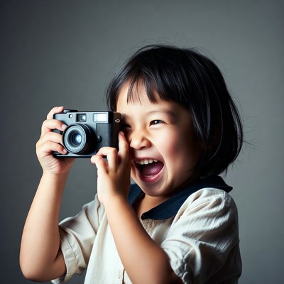 Asian girl holding camera smiling