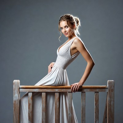 Woman in white dress leaning on wooden railing