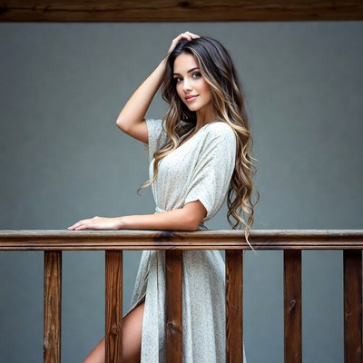 Woman leaning on wooden balcony railing