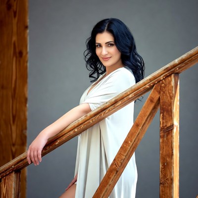 Woman leaning on wooden staircase