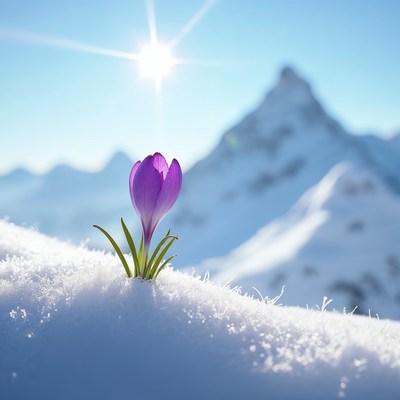 Purple crocus blooming in snowy mountains