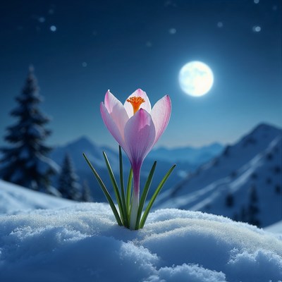 Pink crocus blooming in snowy mountains
