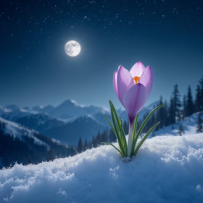 Purple Crocus Blooming in Snowy Mountains