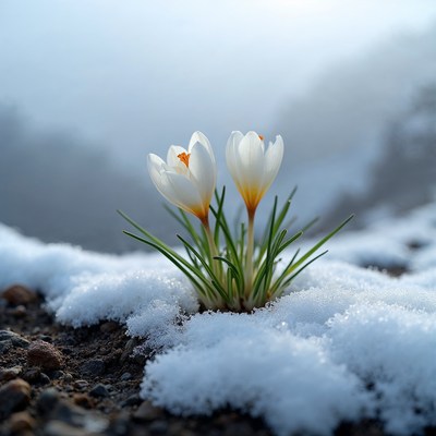 White crocuses blooming in snow