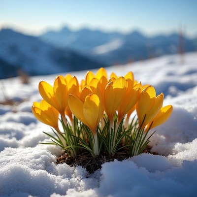 Yellow crocuses blooming in snow